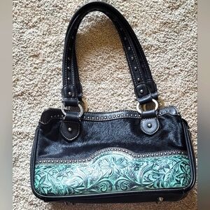 New Trinity Ranch by Montana West Turquoise Tooled BlackCowhide Leather  Handbag